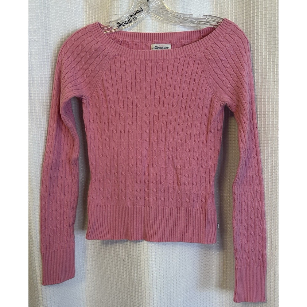 Aeropostale Pink Slim Fit Cable Knit Sweater Size Medium VTG Y2K Preppy Classic